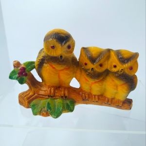 Vintage Ceramic Owl Trio Mother and Babies Perched on Branch. 2.5 inches and 5.5